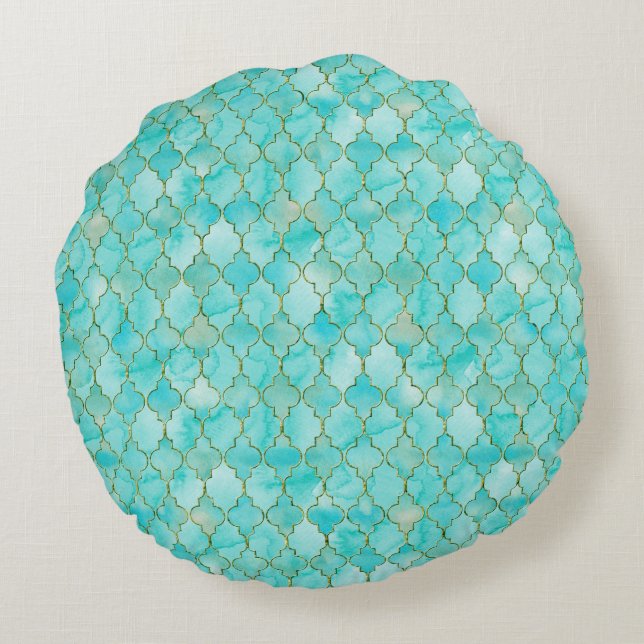 Guld och Aqua Maroccan mönster Rund Kudde (Baksidan)