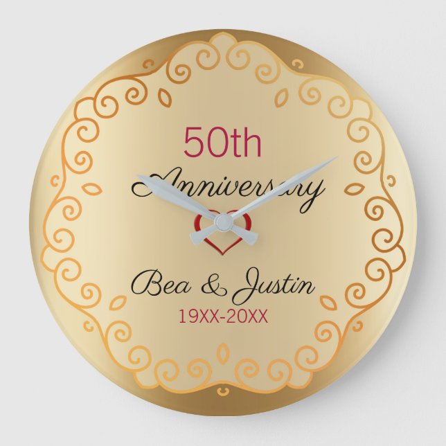 Guld och Beige Blommigt Ornament Stor Klocka (Framsida)