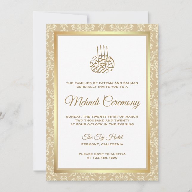 Guld och beige damast islamisk Mehndi-ceremoni Inbjudningar (Framsida)