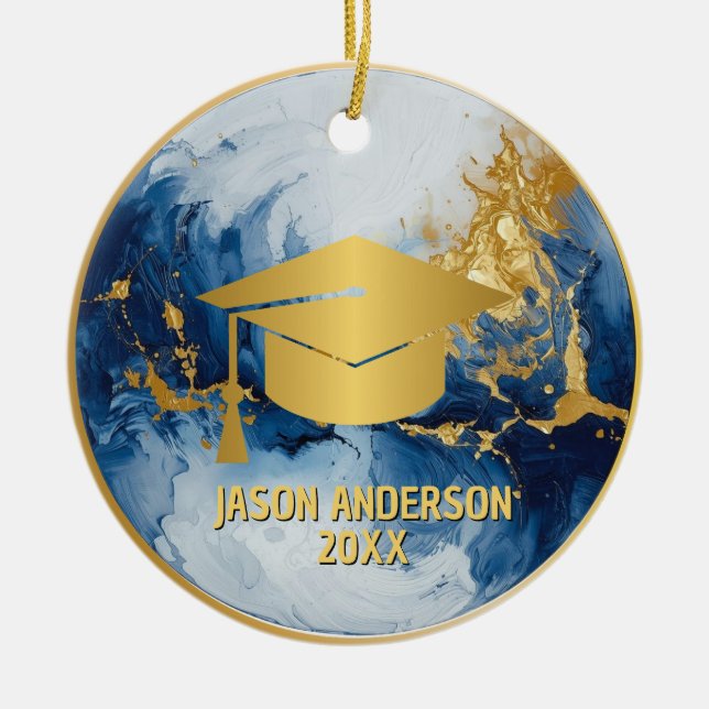 Guld och blå anpassad examensornament julgransprydnad keramik (Framsidan)