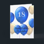 Guld och blå ballonger 18:e födelsedagskortet kort<br><div class="desc">Tittar för ett speciellt och personlig sätt att önska en ung man i ditt liv en 18-årsdag i lycklig? Vår 18:e födelsedagskalender i personligen är perfektens sätt att visa honom hur mycket du bryr dig. Med en guld och blå ballonger kan kortet anpassas på framsidan med mottagarens namn, och skapar...</div>