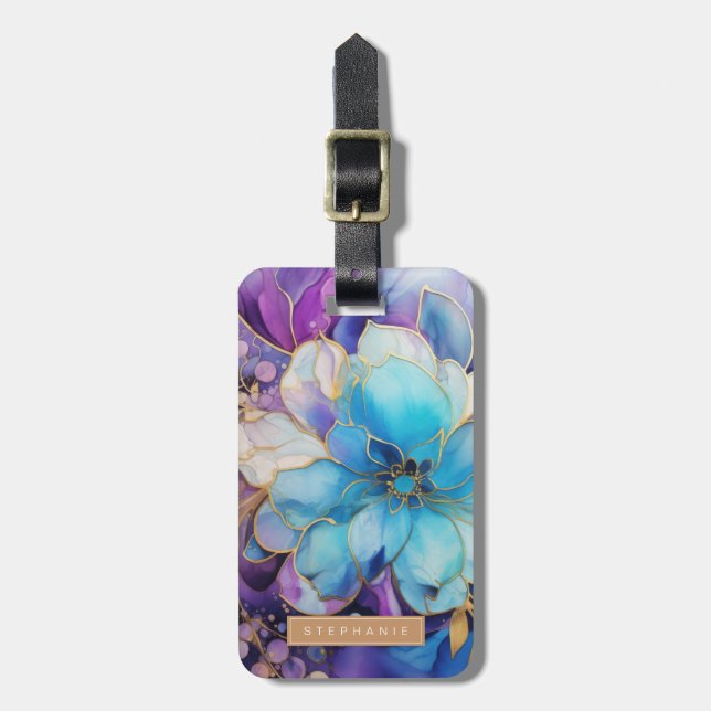 Guld och blå blomresebagagetagg bagagebricka (Vertikal Framsida)