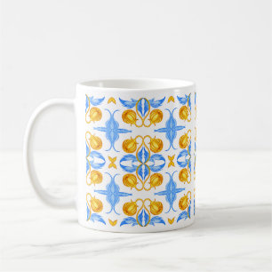 Guld- och blå botanisk kakeldesign – Akvarell Kaffemugg