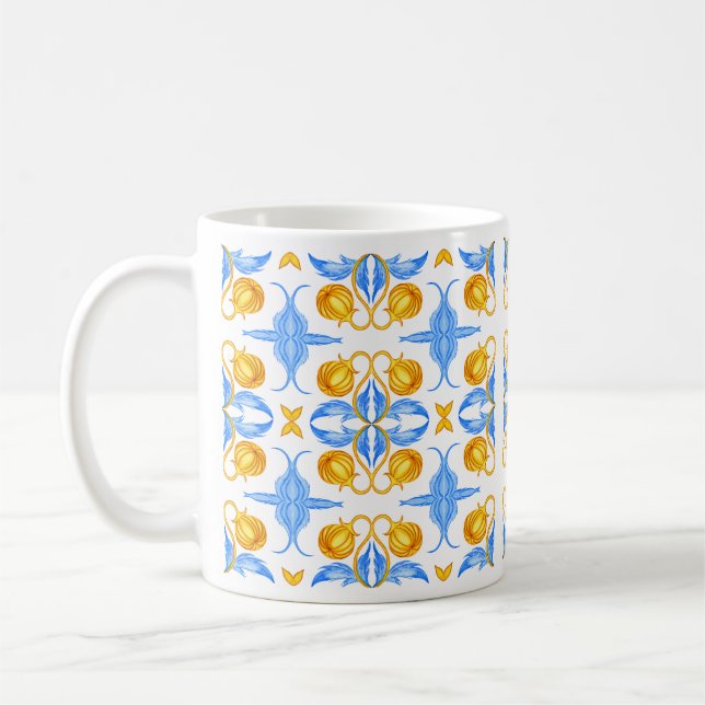 Guld- och blå botanisk kakeldesign – Akvarell Kaffemugg (Vänster)
