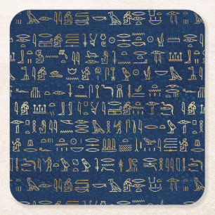 Guld och blå egyptiska Hieroglyfer Mönster Underlägg Papper Kvadrat