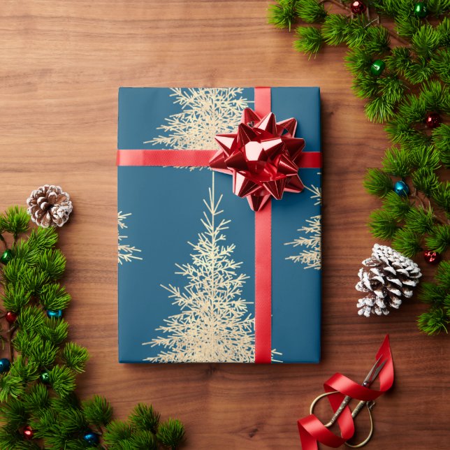 Guld och blå elegant vinterträdsmönster presentpapper (Julgåva)