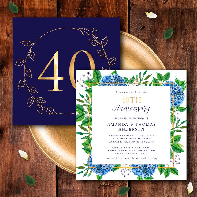 Guld och Blå Hydrangea 40-års bröllopsjubileum Inbjudningar (Front / Back)