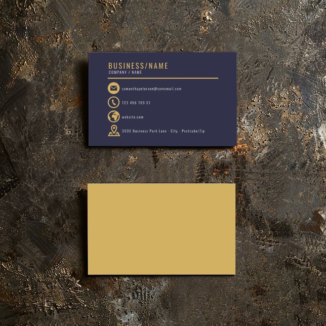 Guld och blå ikoner visitkort (Gold and blue icons business card on a clean blue background.)