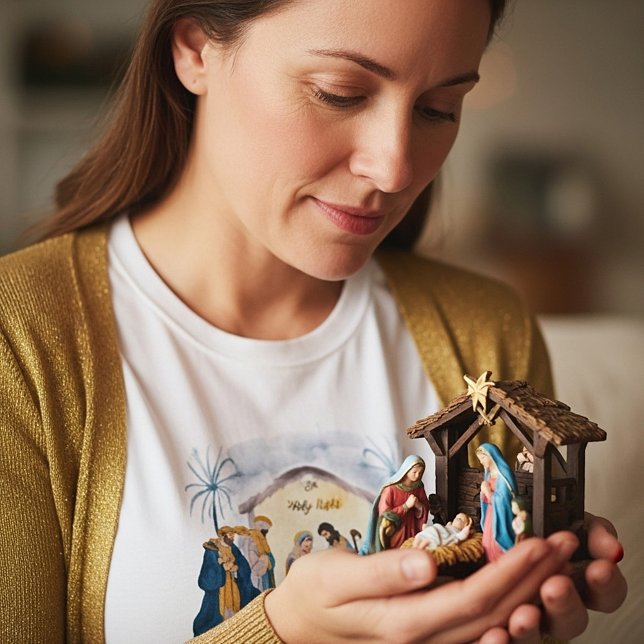 Guld och blå julkrubba "O heliga natt" T-Shirt (Skapare uppladdad)