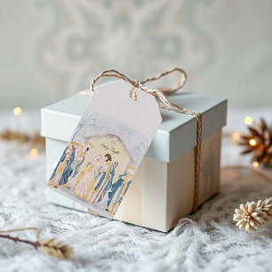 Guld och blå julkrubba presentetikett