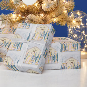 Guld och blå julkrubba  presentpapper
