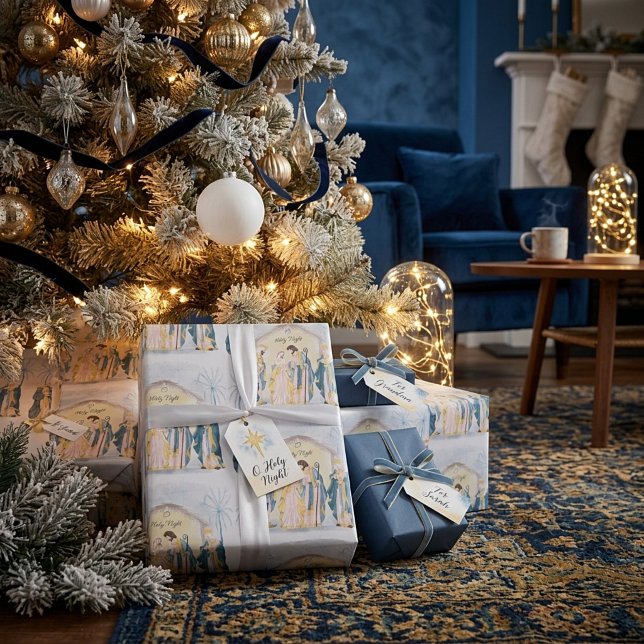 Guld och blå julkrubba  presentpapper (Skapare uppladdad)