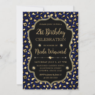 Guld och Blå Leopardyck Birthday Party Inbjudningar