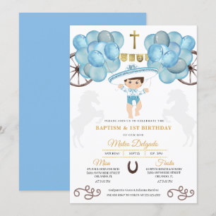 Guld och blå mexikansk Pojke-charro-baptism Inbjudningar
