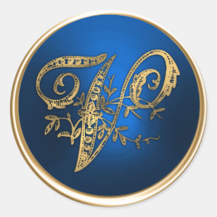 Guld- och blå monogram V Kuvert Sigill Runt Klistermärke