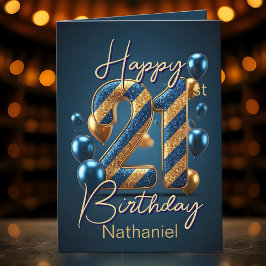 Guld och Blå Rand och ballonger 21:a födelsedagen Kort