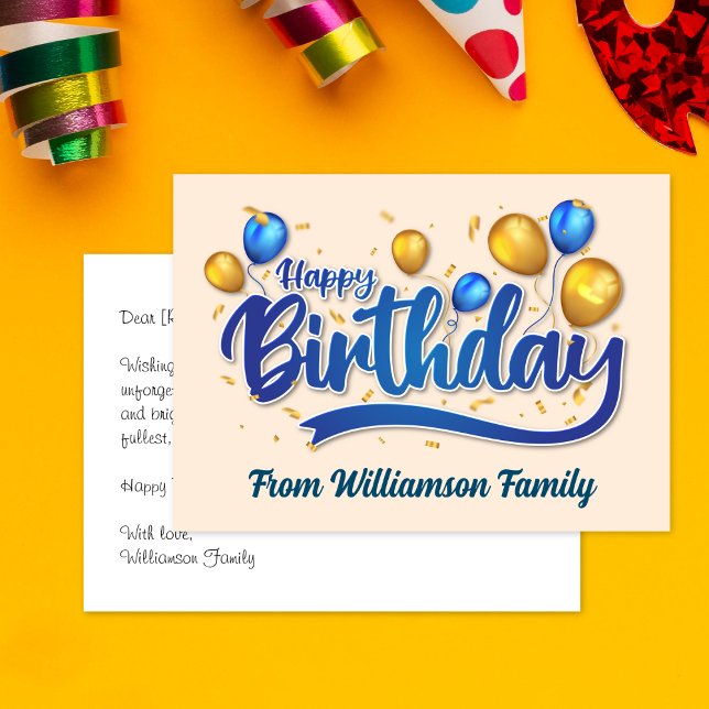 Guld och blåballong, grattis på födelsedagen kort (Skapare uppladdad)