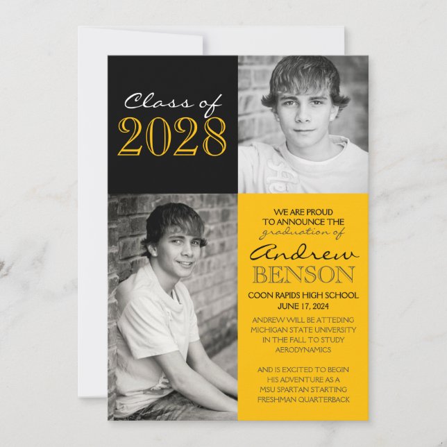 Guld och Black 2 Photo Studenten-meddelande Inbjudningar (Framsida)