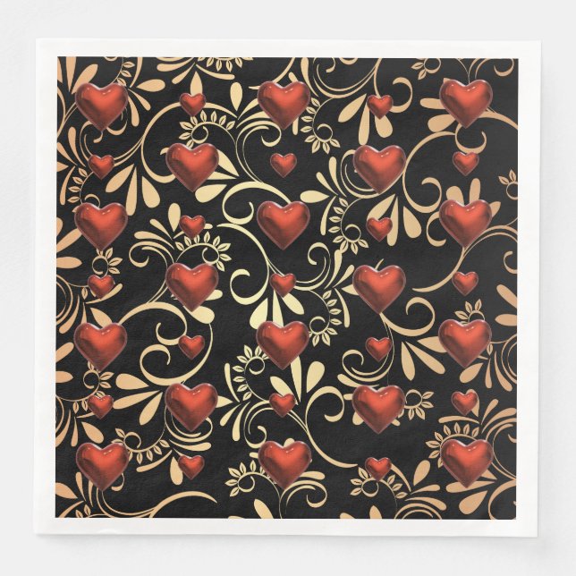 Guld och Black 3 D Red Hearts Pappersservett (Framsida)