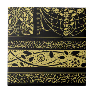 Guld och Black Art Deco Blommigt Geometric Rand Kakelplatta