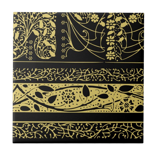 Guld och Black Art Deco Blommigt Geometric Rand Kakelplatta (Framsidan)
