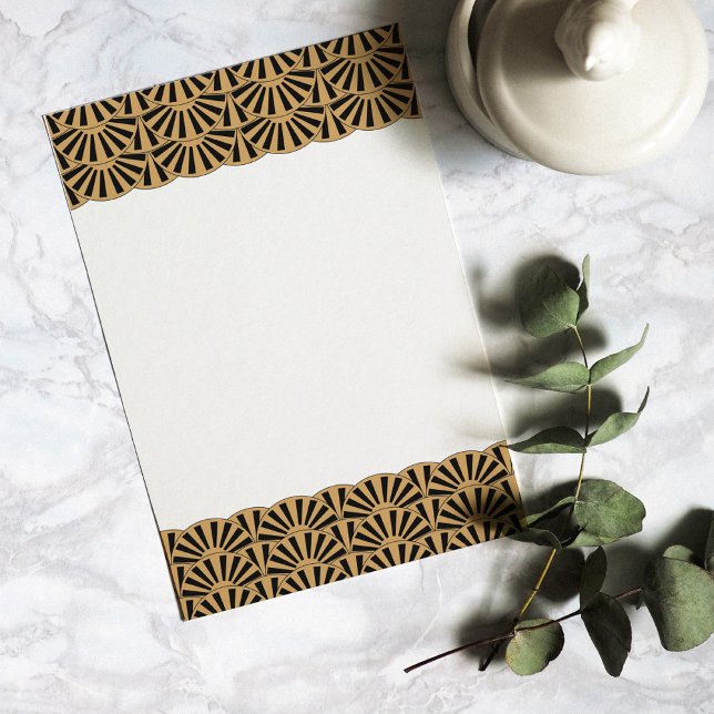 Guld och Black Art Deco Fläkt Flowers Motif Brevpapper (Skapare uppladdad)