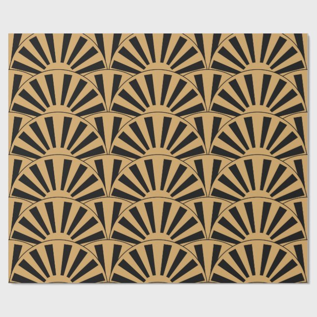 Guld och Black Art Deco Fläkt Flowers Motif Presentpapper (Platt)