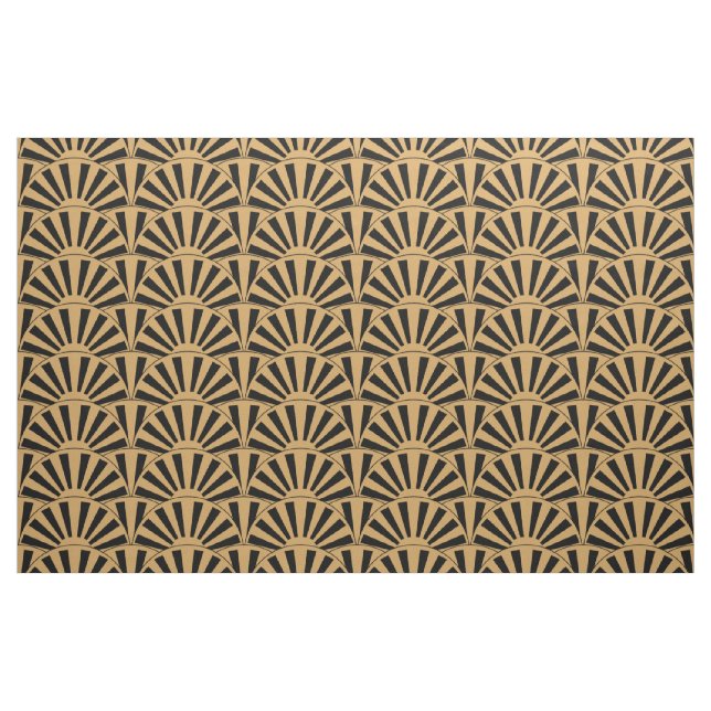 Guld och Black Art Deco Fläkt Flowers Motif Tyg (Fat Quarter)