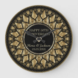 Guld och Black Blommigt Mandala Stor Klocka