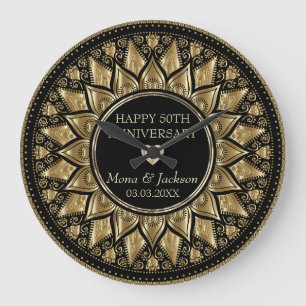 Guld och Black Blommigt Mandala Stor Klocka