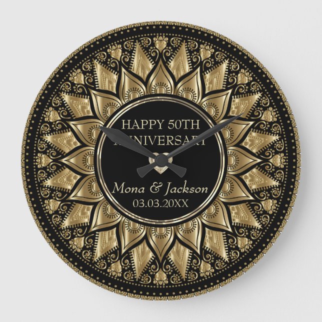 Guld och Black Blommigt Mandala Stor Klocka (Framsida)