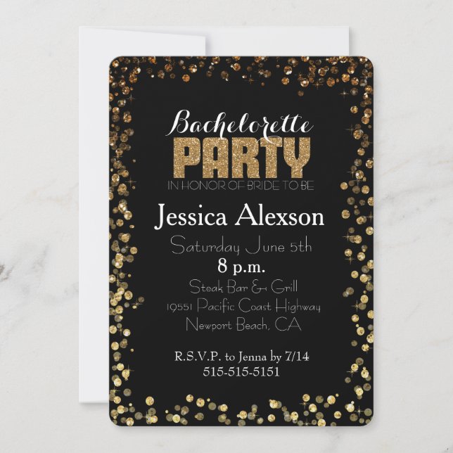 Guld och Black Bokeh Glitter Bachelorette Inbjudningar (Framsida)