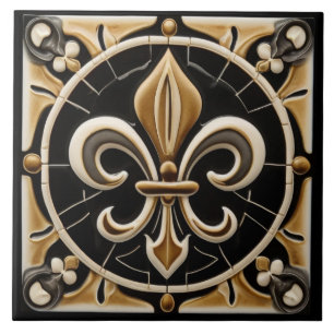 Guld och Black Fleur de Lis Faux Relief Kakelplatta