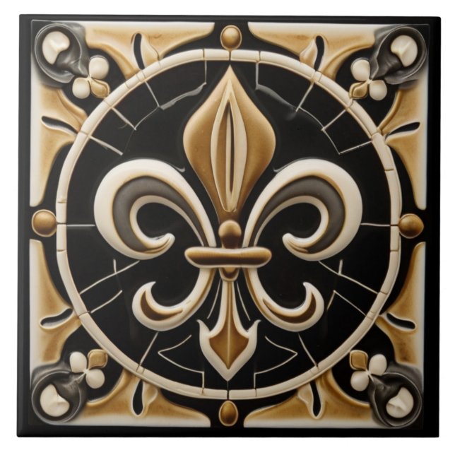 Guld och Black Fleur de Lis Faux Relief Kakelplatta (Framsidan)