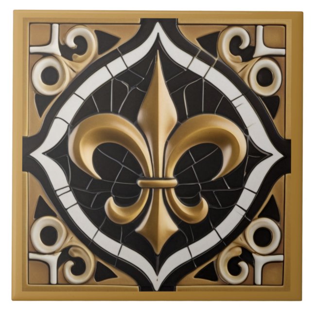 Guld och Black Fleur de Lis Faux Relief Tan Kakelplatta (Framsidan)