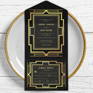 Guld och Black Gatsby Ram Retro Art Deco Bröllop