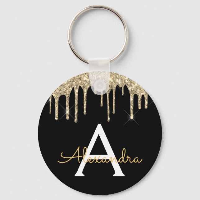 Guld och Black Girly Sparkly Glitter Monogram Nyckelring (Framsida)