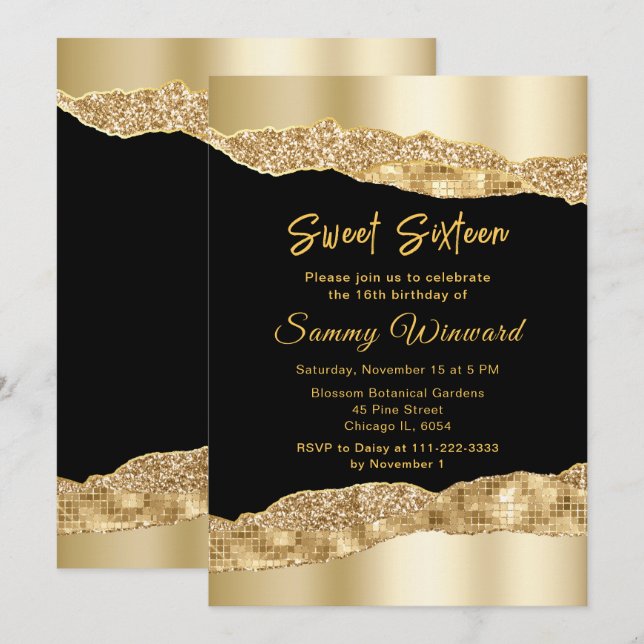 Guld och Black Glam Tårar Sweet sixteen Inbjudningar (Fram/baksida)