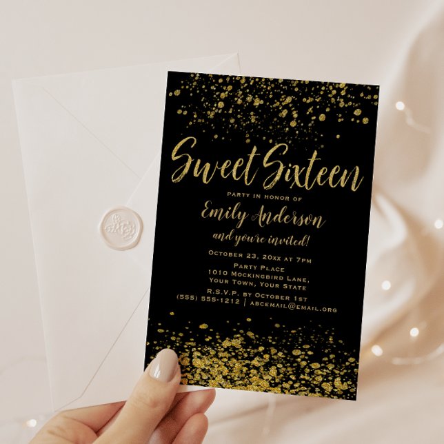 Guld och Black Glitter Sweet 16 Inbjudningar (Skapare uppladdad)
