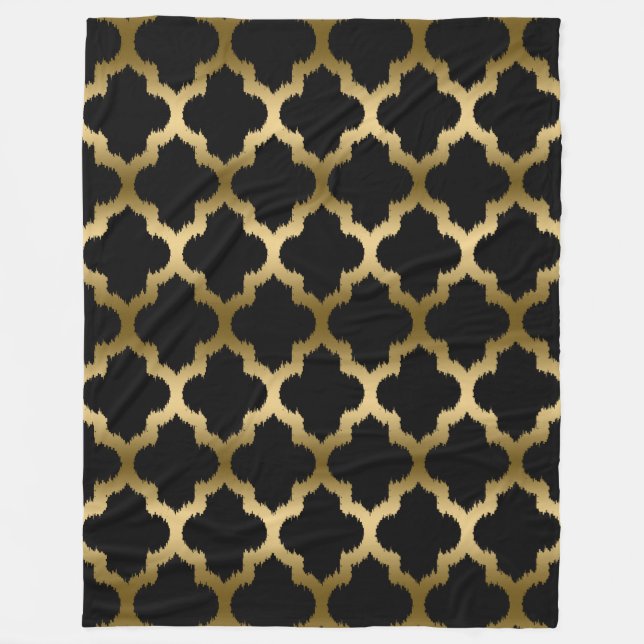 Guld och Black Ikat Quatrefoil Geometric Mönster Fleecefilt (Framsidan)