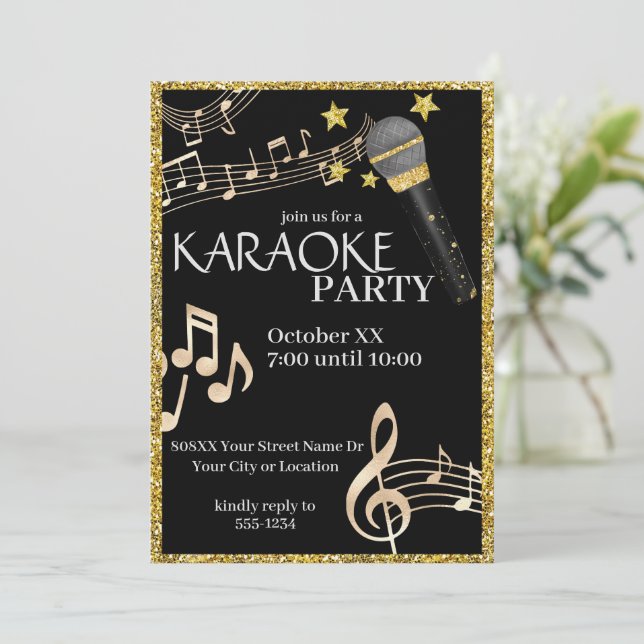Guld och Black Microphone Music Karaoke Party Inbjudningar (Stående Fram)