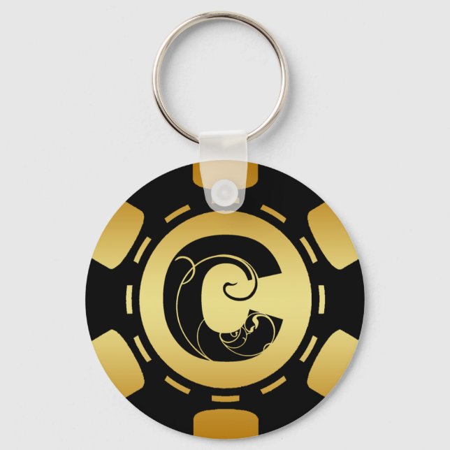 GULD OCH BLACK MONOGRAM BREV C POKER CHIP NYCKELRING (Framsida)