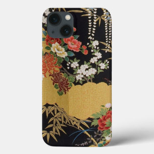 Guld och Black Oriental Japanska Kimono Blommigt