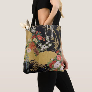 Guld och Black Oriental Japanska Kimono Blommigt Tygkasse