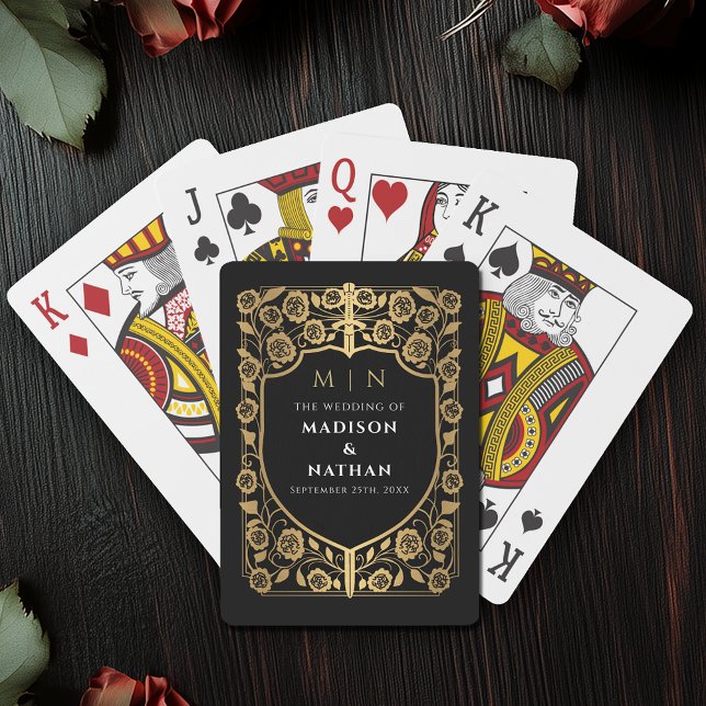 Guld och Black Royal Sword Shield Wedding Favor Casinokort (Skapare uppladdad)