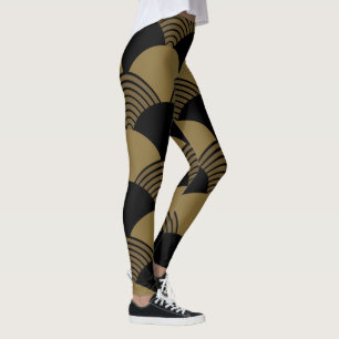 Guld och Black Seigaiha Japanska Vinkara Mönster Leggings