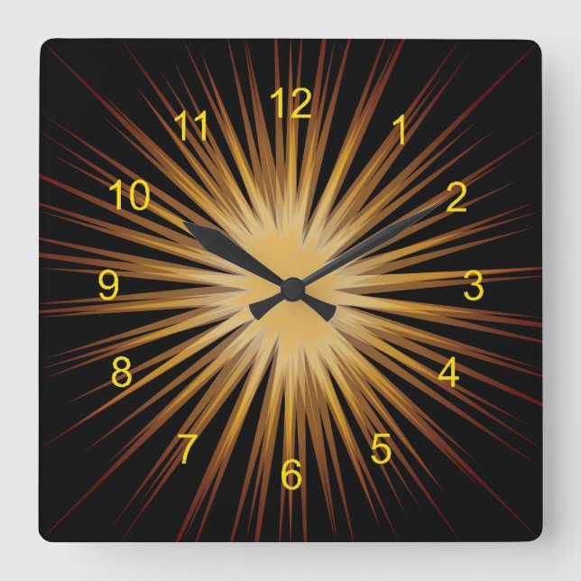 Guld och Black Sunburst Design Wall Clock Fyrkantig Klocka (Framsida)