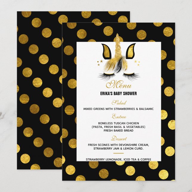 Guld och Black Unicorn Baby Shower Menu Inbjudningar (Fram/baksida)