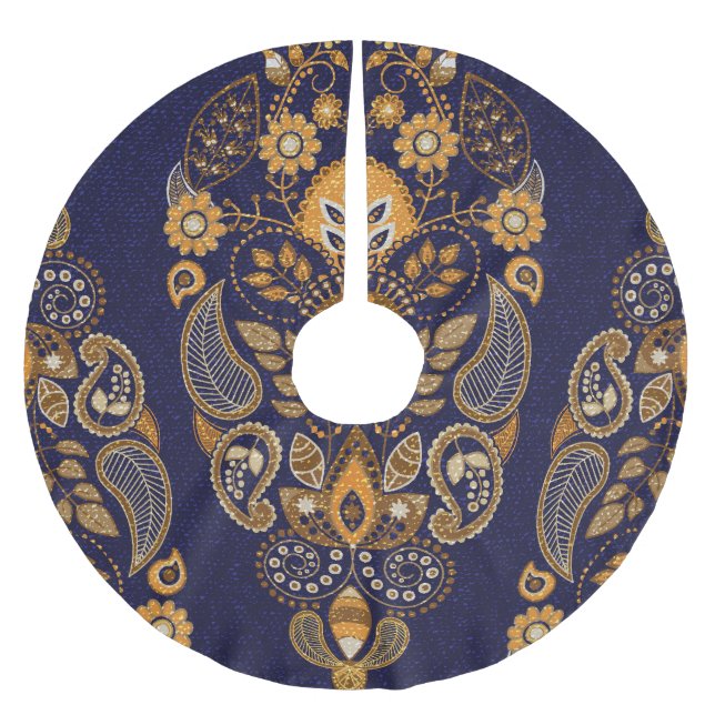 Guld och blått, blommigt, sömlöst mönster. julgransmatta borstad polyester (Framsidan)