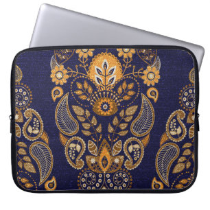 Guld och blått, blommigt, sömlöst mönster. laptop fodral